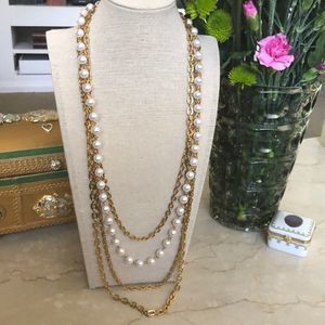 Vintage Goldtone Multiple Layered Chains and Faux Pearl Necklace